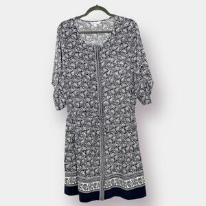 Travel Smith Paisley Cinch Waist 3/4 Sleeves Dress Gray White XL